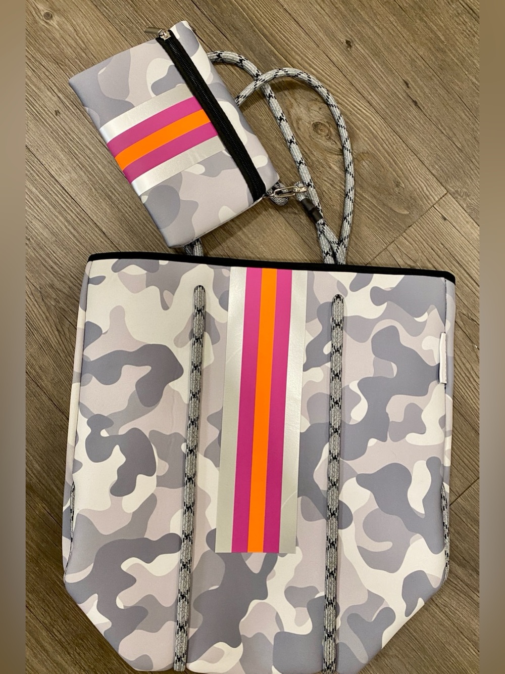 Lolly Luella Grey Camo Expandable Tote with Pink & Orange Stripe - Women Bag